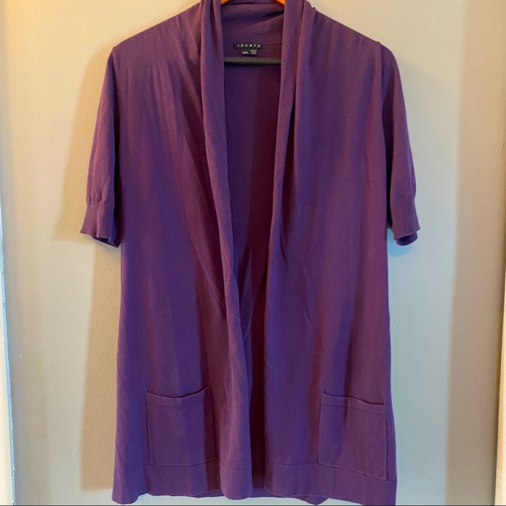 Theory Short Sleeve Open Front Cardigan Sweater in Purple